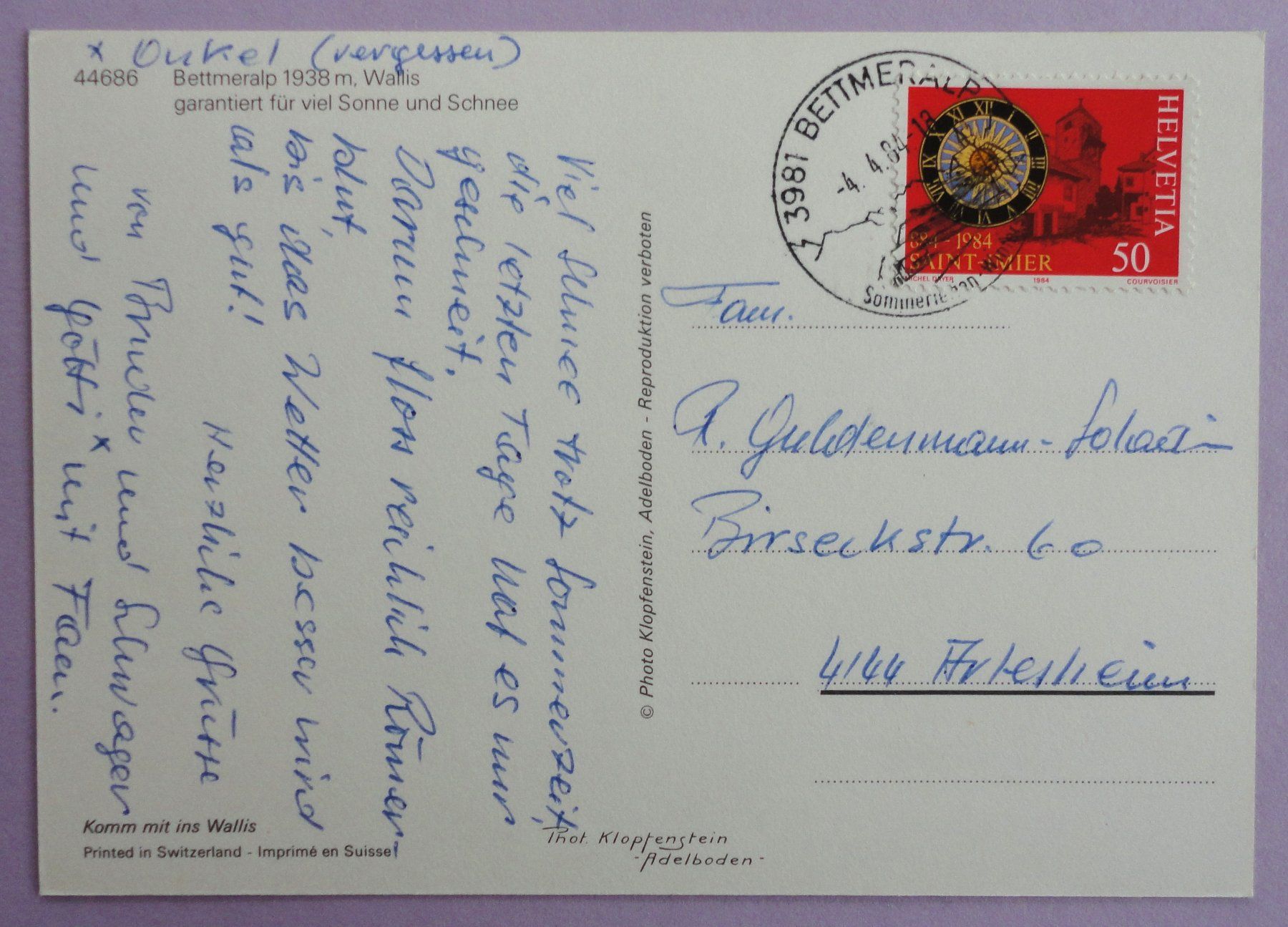 Cartoline postali: Bettmeralp 1938 m – Usato da Fétigny venduto da Billy2miny 1