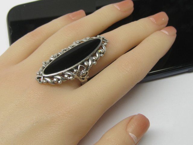 Anelli: Antik Ring Silber 925 Onyx Schiffchen florale Muster Gr. 58 – Usato da Ermatingen venduto da prior_time 1