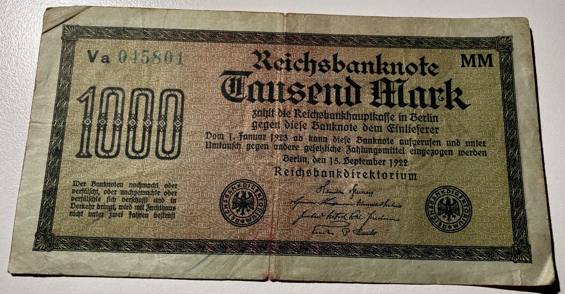 Banconote: Deutschland 1000 Mark 1922 – Usato da Algetshausen venduto da Carrhard