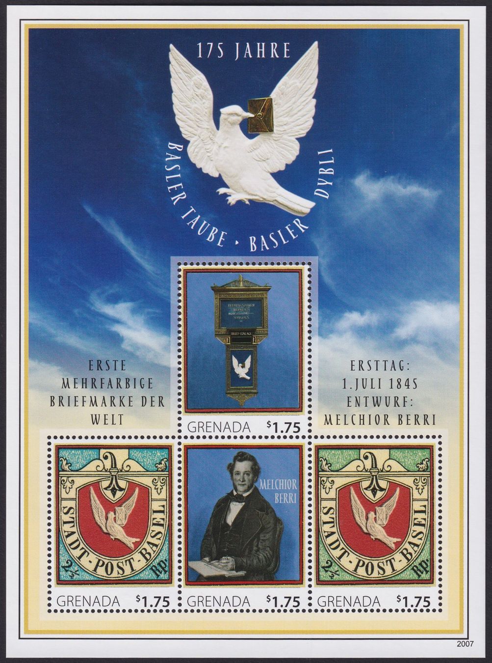 Tutti i francobolli: 1845-2015, Basler-Tauben-Block: GRENADA auf Blatt, selten. – Usato da Sursee venduto da Luzernerraute