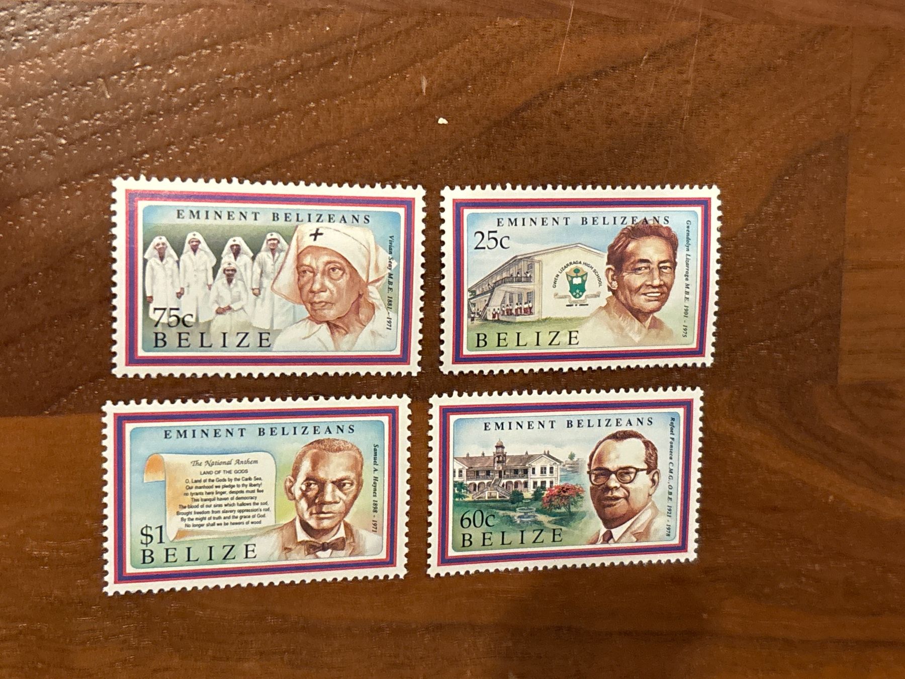 Tutti i francobolli: Briefmarken Belize "Eminent Belizeans" - 4er Set Top! – Nuovo e nell'imballaggio originale da Zürich venduto da engebrunau