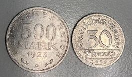 Deutsches Reich: 500 Mark Münze von 1923  + 50 Pfennig 1920