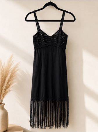 Schwarzes Leinenkleid mit Häkel-Details – Grösse XS