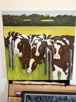 Tableau peinture vaches sur toile état neuf 90x90cm