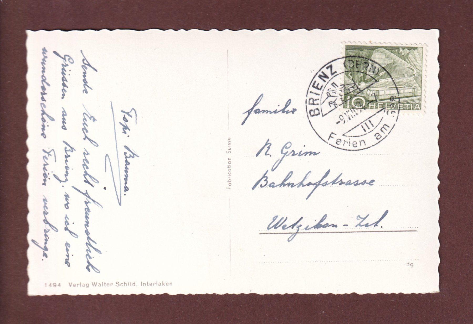 Cartoline postali: BRIENZ - Richtung Rothorn - 1954 – Usato da Pully venduto da nicecards 1