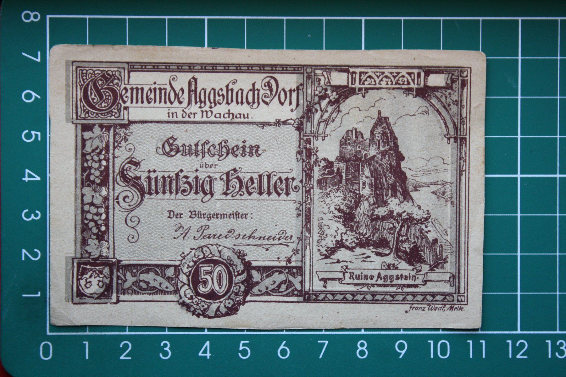 Banconote: currency voucher austria aggsbach 50 heller 1920 – Usato da Laupen BE venduto da Gufi57