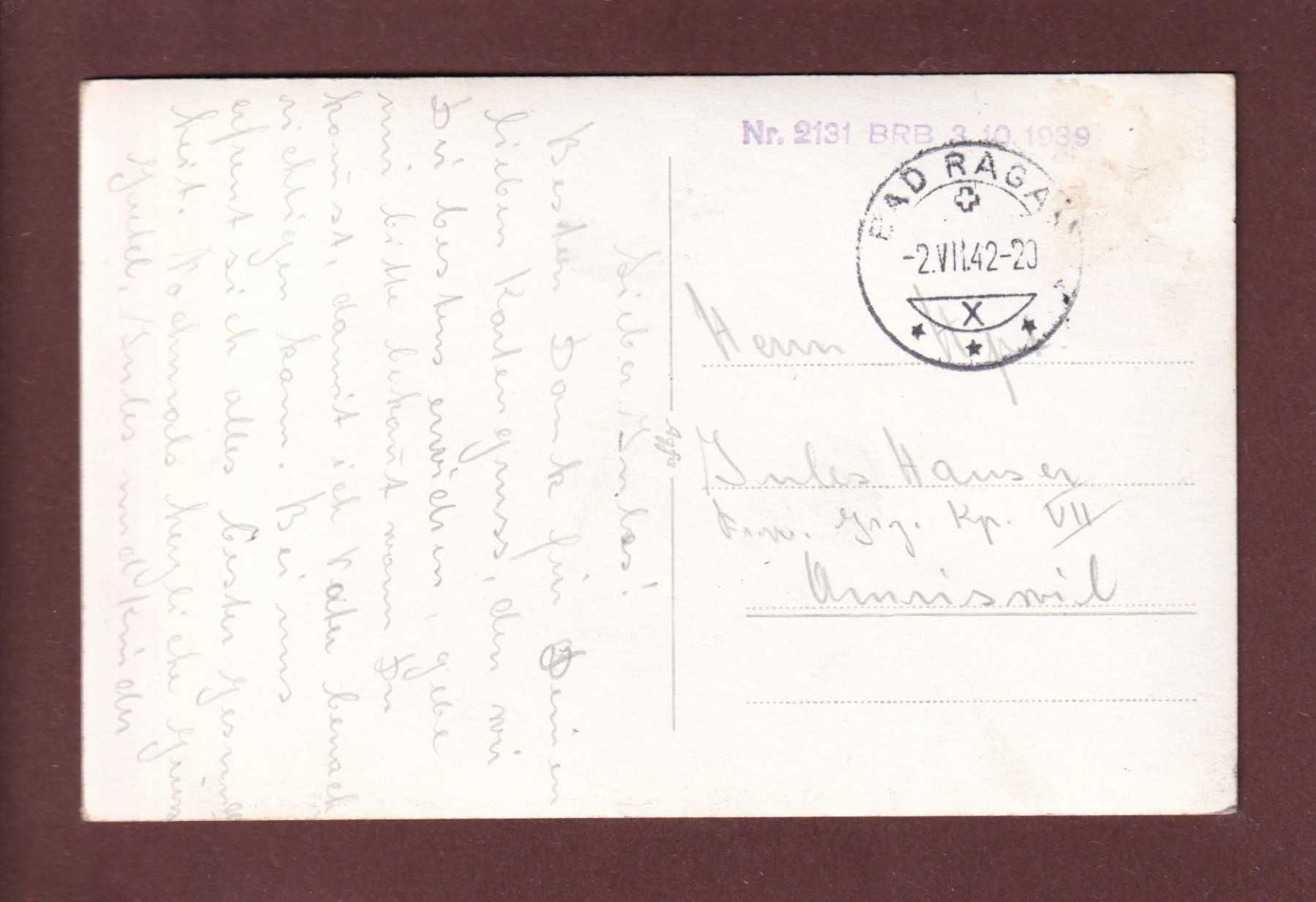 Cartoline postali: BAD RAGAZ - Parkanlage - 1942 – Usato da Pully venduto da nicecards 1