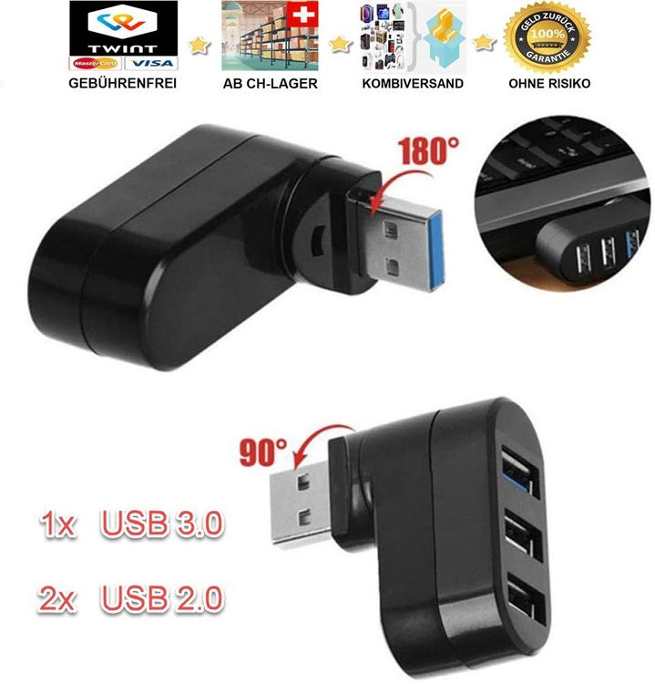 Drehbarer 3Port HUB USB 3.0 + 2 USB 2.0 Adapter Splitter USB 1