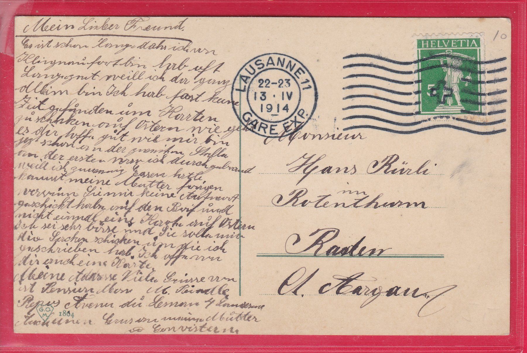 Cartoline postali: JOYEUSES PAQUES, 13.4.1914 – Usato da Oberrieden venduto da Gebirgsstelze 1