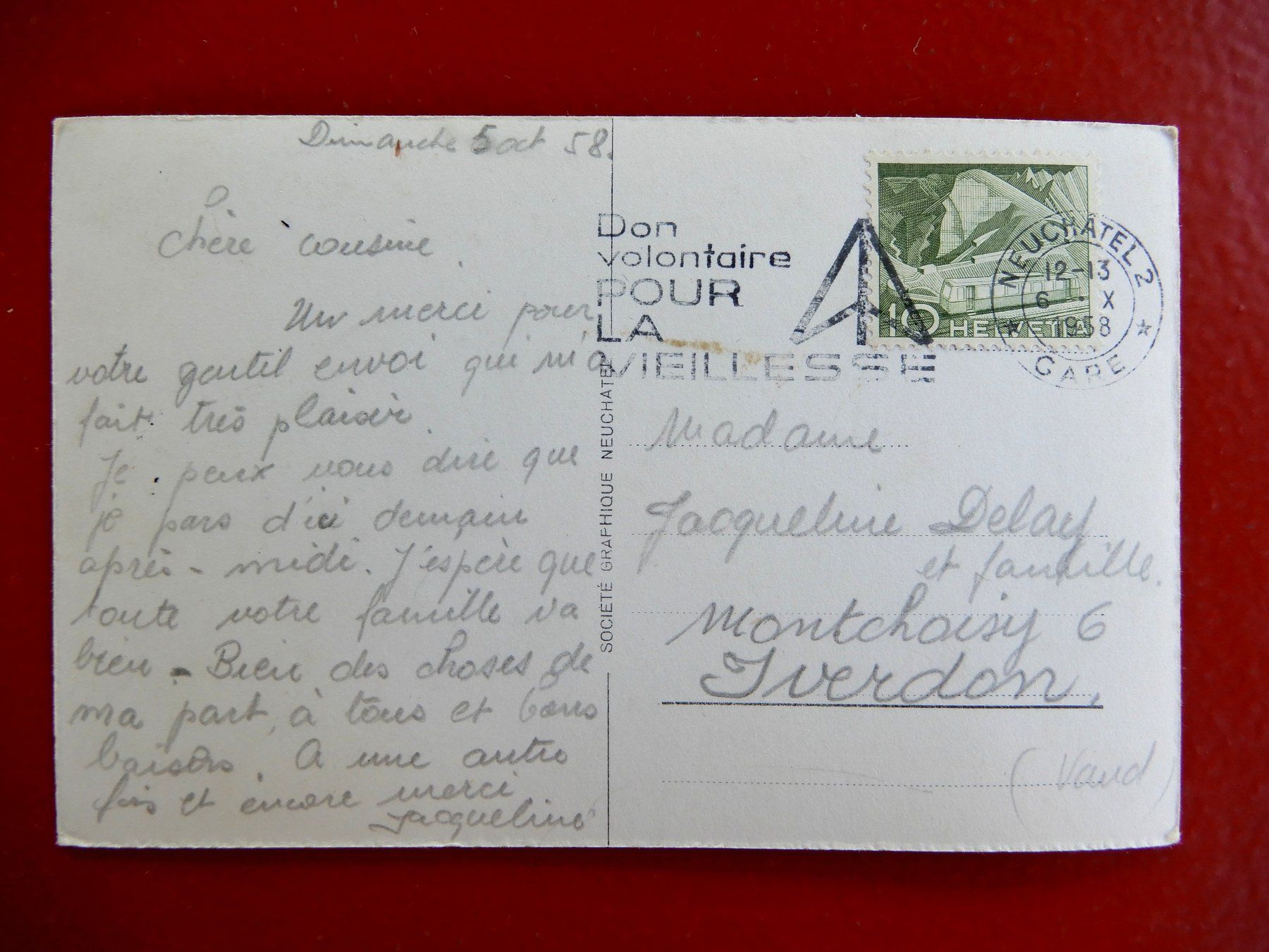 Ansichtskarten: Carte postale Neuchâtel - Maternité -  1958 – Gebraucht aus Senèdes von Framboise52 1
