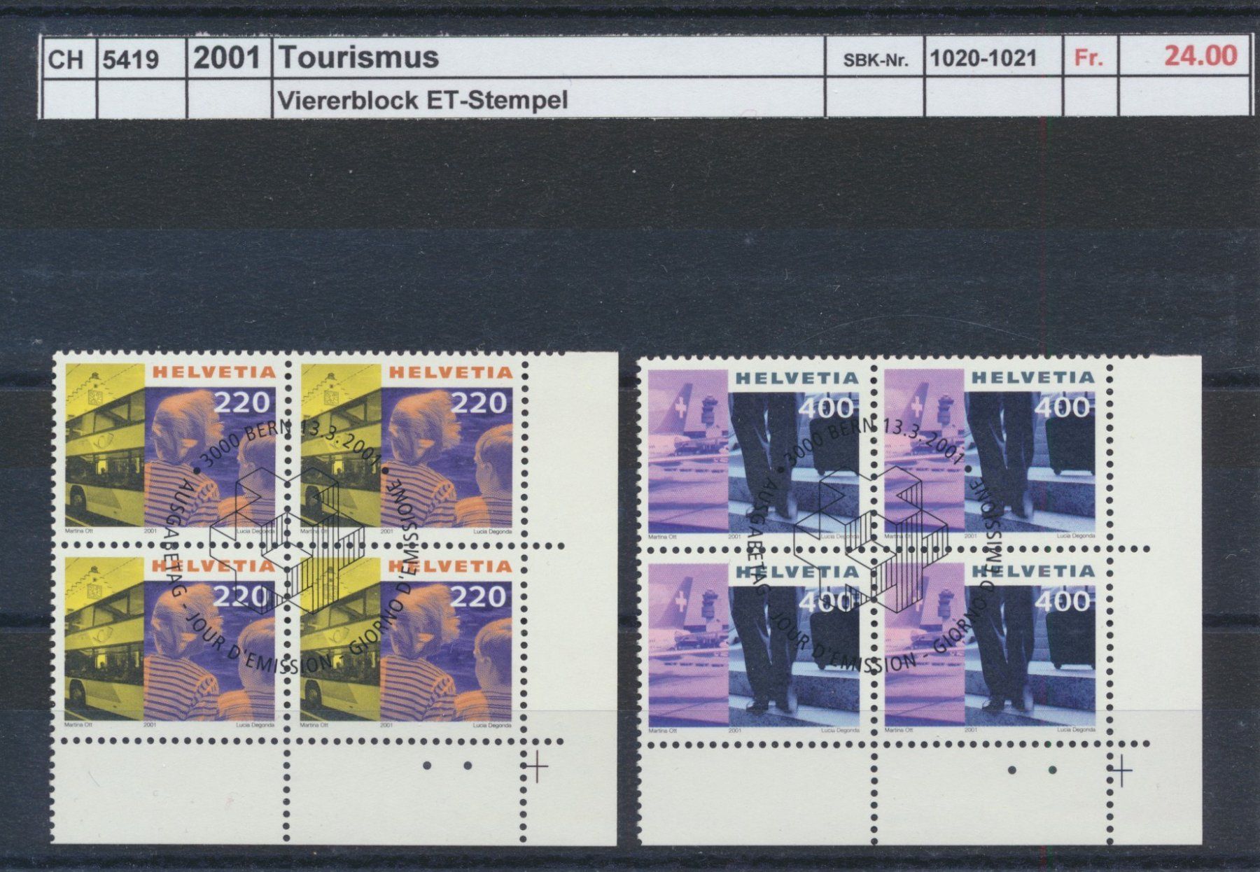 Tutti i francobolli: 2001 "Tourismus", Viererblock, ET - Stempel – Usato da Winterthur venduto da Zupogeru