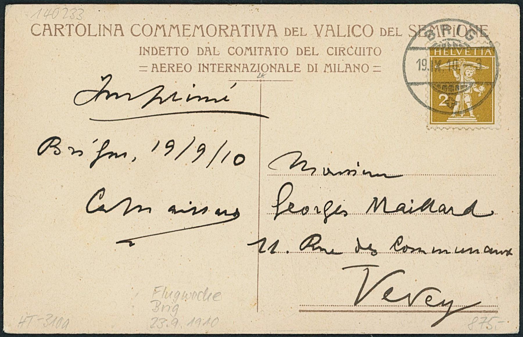 Ansichtskarten: 1910 - Brig - Flugwoche - Flugzeug – Gebraucht aus Schindellegi von dolpitz 1
