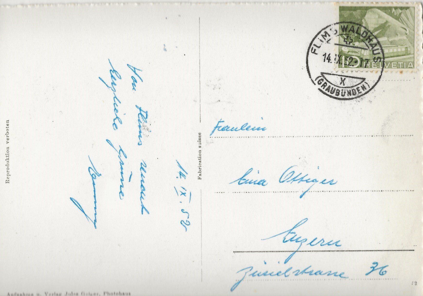 Ansichtskarten: Flims,Caumasee, Jules Geiger, 1952 – Gebraucht aus Frauenfeld von Merk52 1