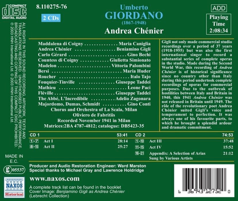 CD: 2 CDs Giordano - Andrea Chenier - Gigli - La Scala – Usato da Luzern venduto da Lycka 1