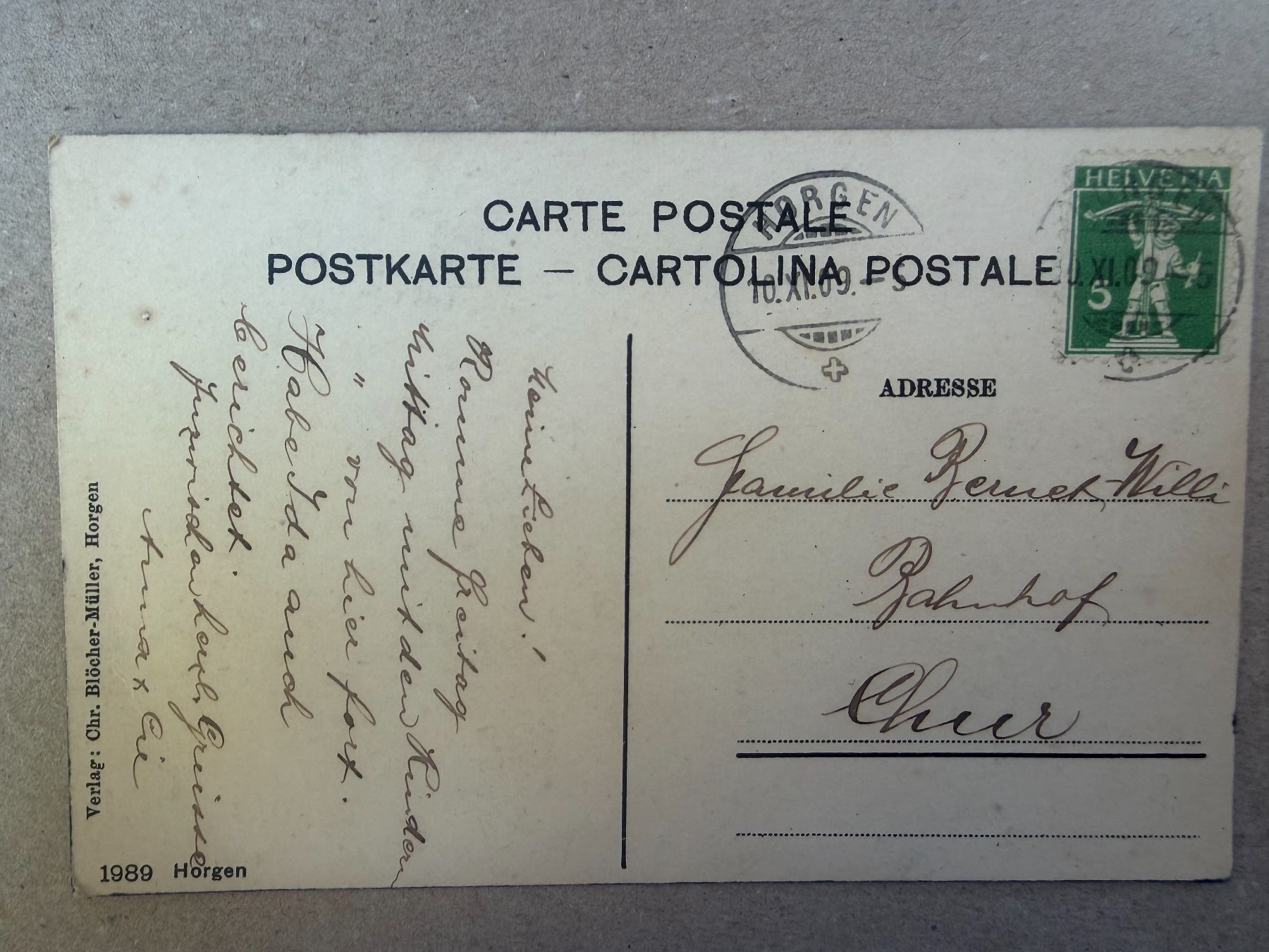 Cartoline postali: HORGEN - 1909 gelaufen -Ansichtskarte – Usato da Tegerfelden venduto da siebenmacky 1