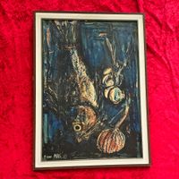 Pierre MAS 1962 Stillleben Fisch Zwiebeln Öl gerahmt