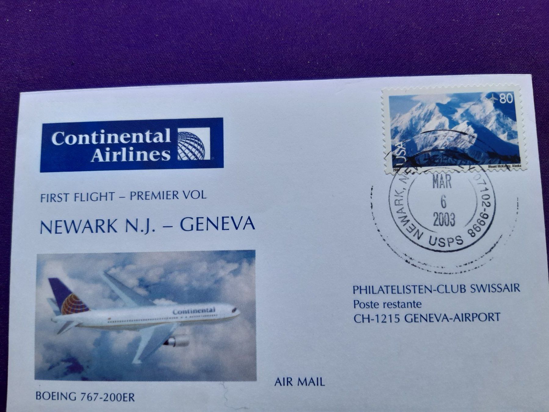 Alle Briefmarken: Erstflugbrief NEWARK N.J. - Geneva, 6.3.2003 – Neu (gemäss Beschreibung) aus Wangs von weisstannen01
