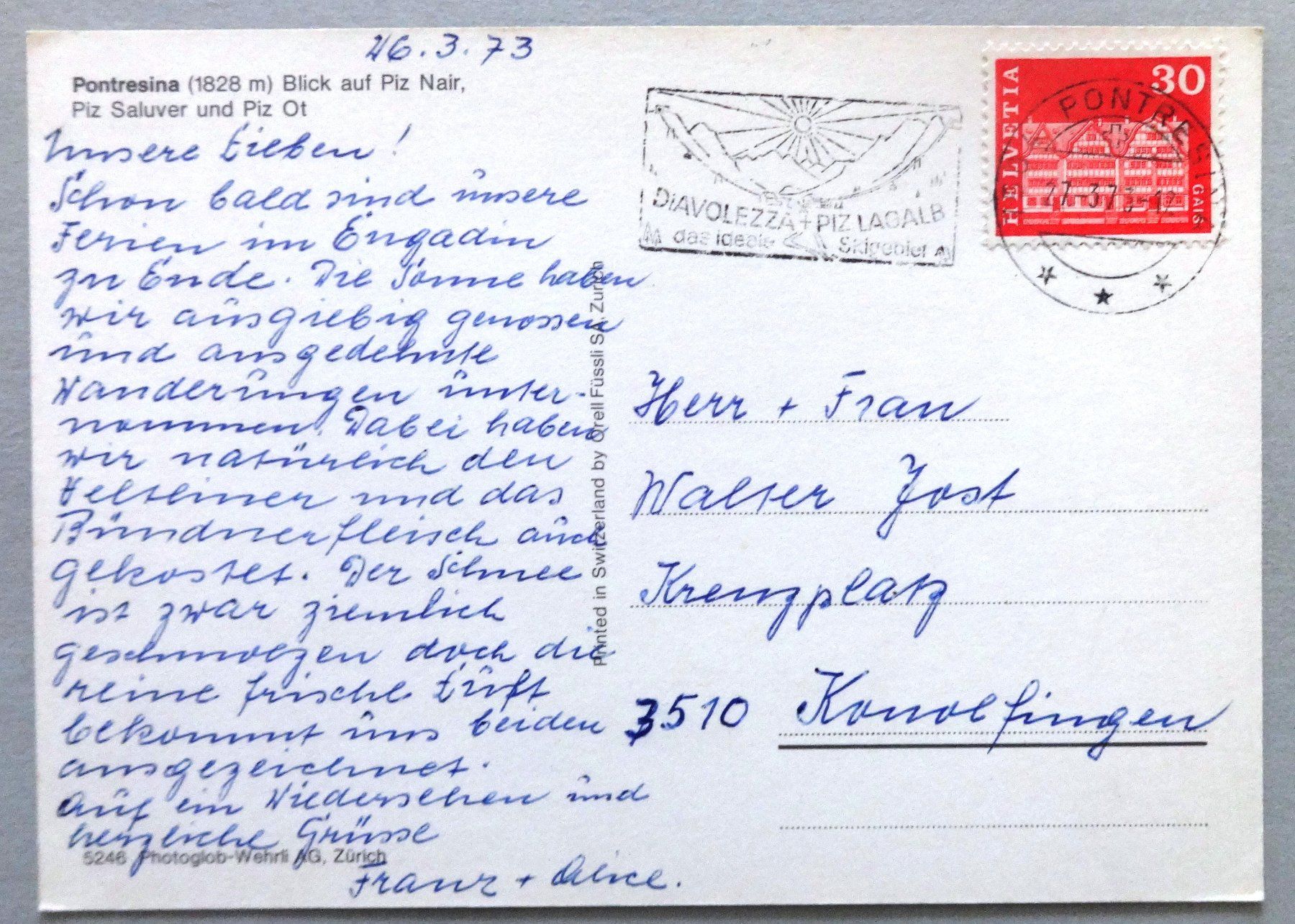 Cartoline postali: Pontresina – Usato da Fétigny venduto da Billy2miny 1