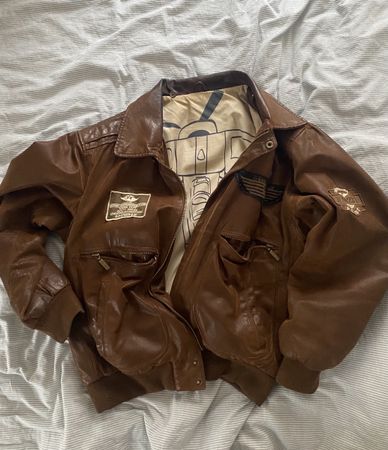Brown Leather Bomber Jacket Used Size L