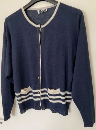 BIG Leinen Strickjacke, Gr. M, blau/weiss