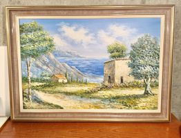 Large Vintage Mediterranean Landscape Oil Painting 