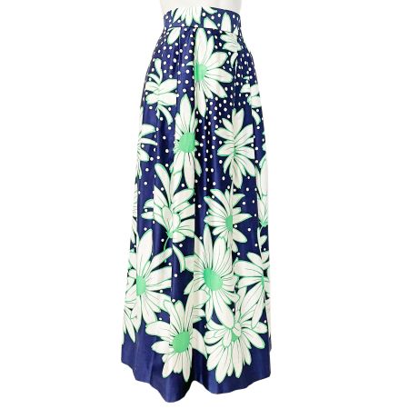Jupe Rock Gr. XS bodenlang d'blau grossgeblumt VINTAGE 1970s