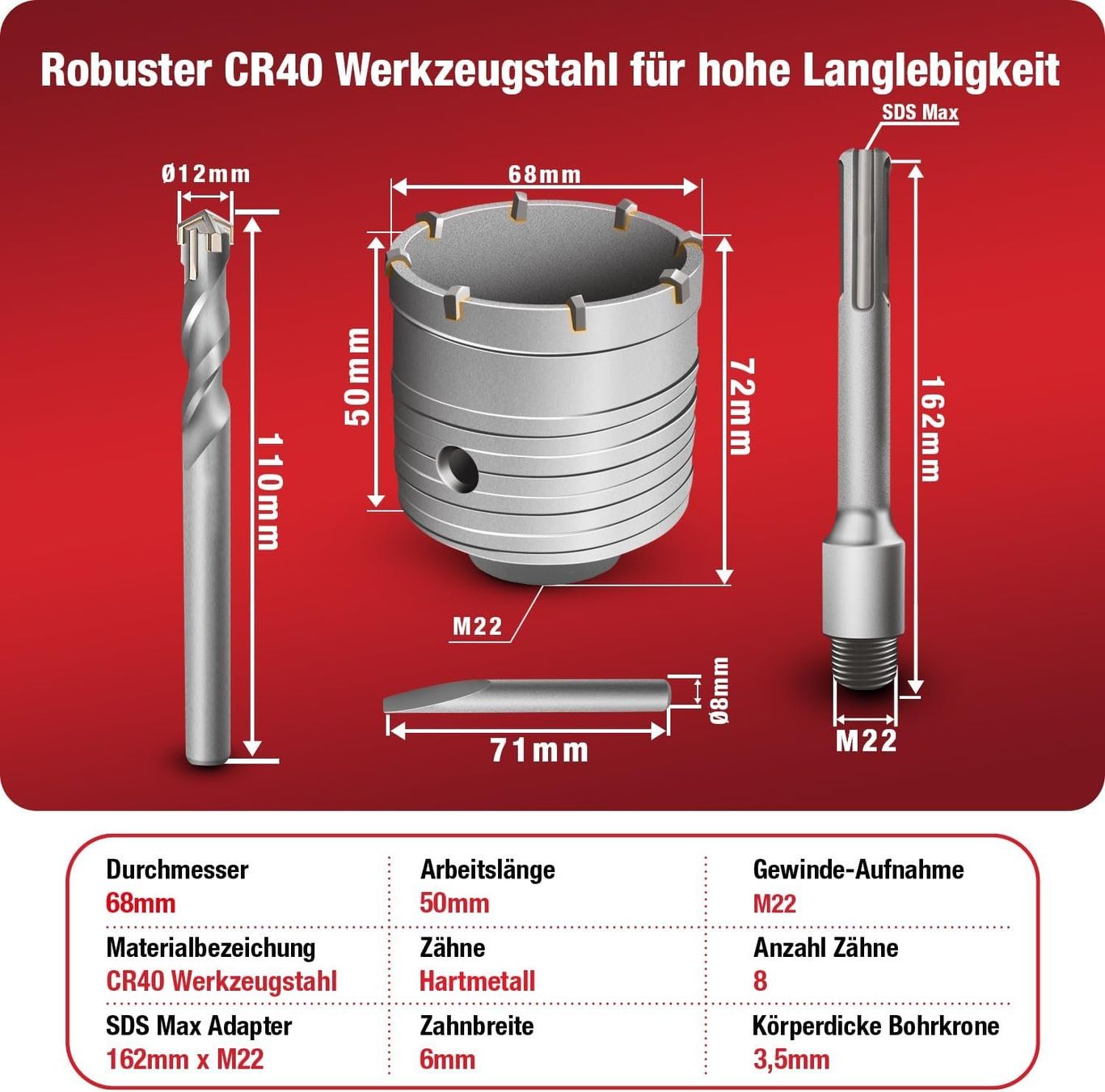 Tutti gli attrezzi: SDS Max Bohrkrone 68mm Beton Steckdose – Nuovo e nell'imballaggio originale da Suhr venduto da SchnapperCH 1