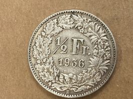 SVIZZERA 1/2  FR MONETA IN ARGENTO 1936 usata - circolata