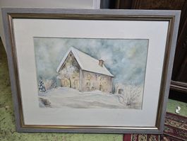 Aquarell Winterlandschaft Haus gerahmt signiert