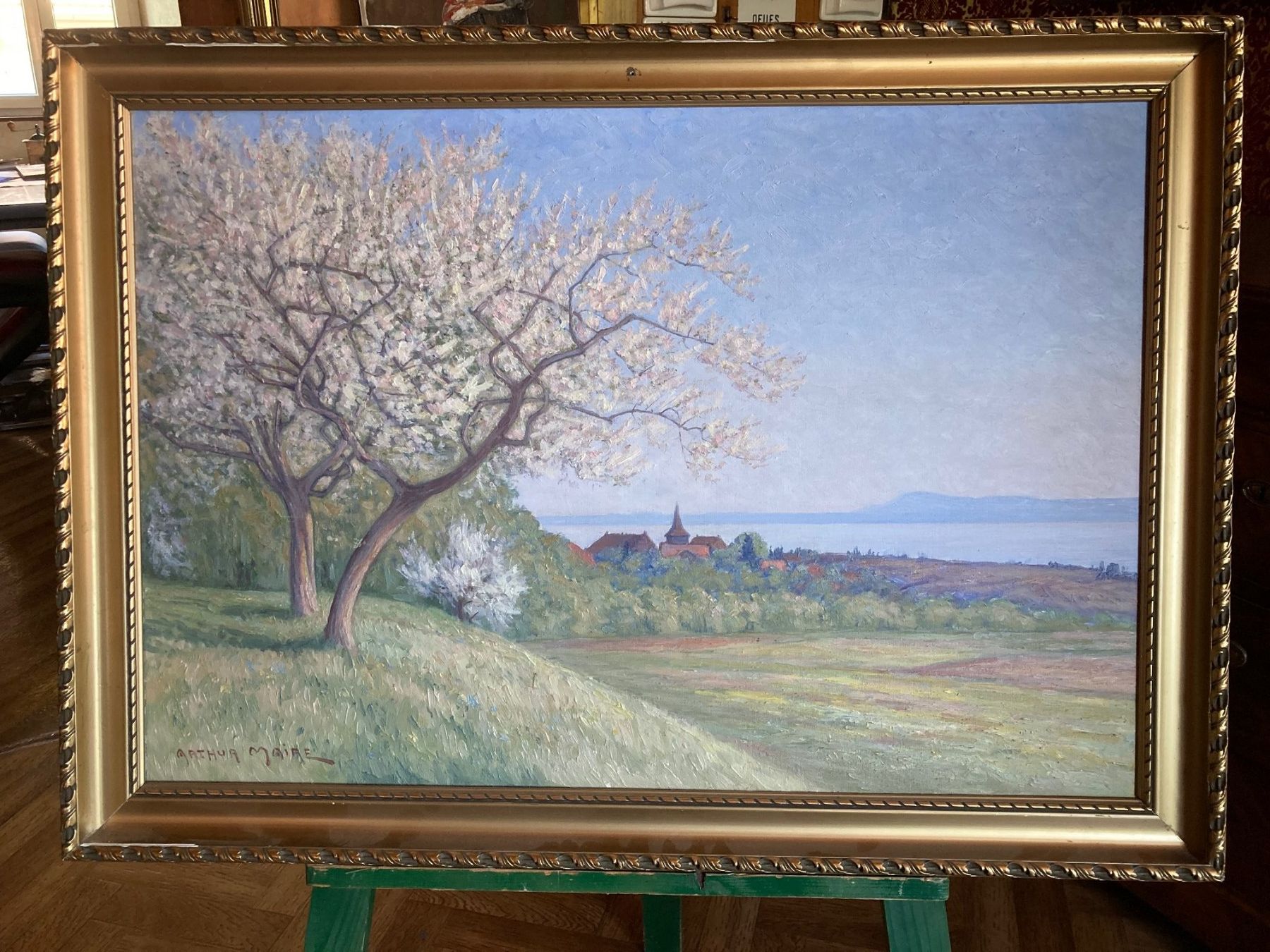 Dipinti: Tableau d'Arthur Maire, le village de Concise. – Usato da La Chaux-de-Fonds venduto da venteperso5