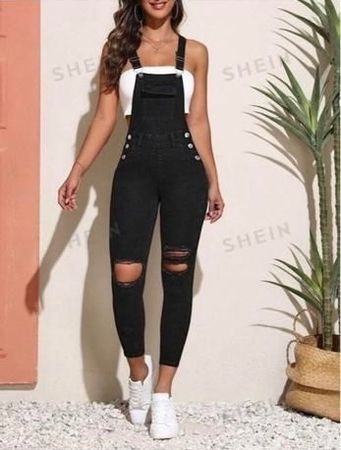 Denim Overall mit Riss, ohne Tank Top von Shein