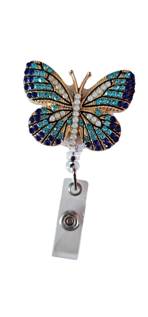 Portachiavi: Ausweishalter mit blauem Glitzer Schmetterling – Nuovo e nell'imballaggio originale da Langenthal venduto da SecondChanceShop