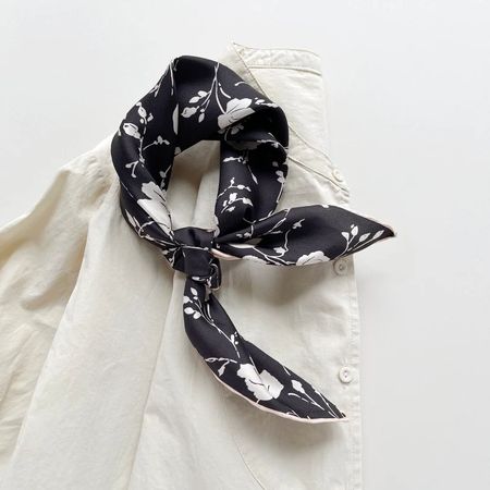 New 53cm Silk Scarf Floral Black and Cream, Silk Twill