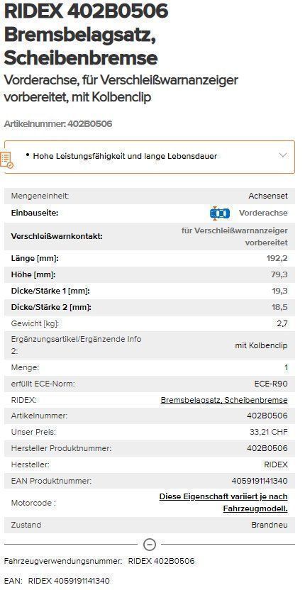 Alle Autoersatzteile: RIDEX 402B0506 Bremsbelagsatz, Scheibenbremse M Performance – Neu und originalverpackt aus Visp von Heilil 1