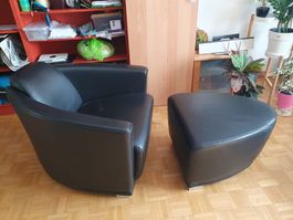 Designer Leder Sessel mit Hocker, schwarz