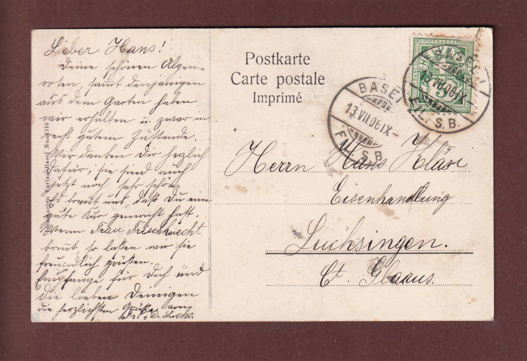 Cartoline postali: Hie BASEL - Hie Schweizerboden - 1906 – Usato da Pully venduto da nicecards 1