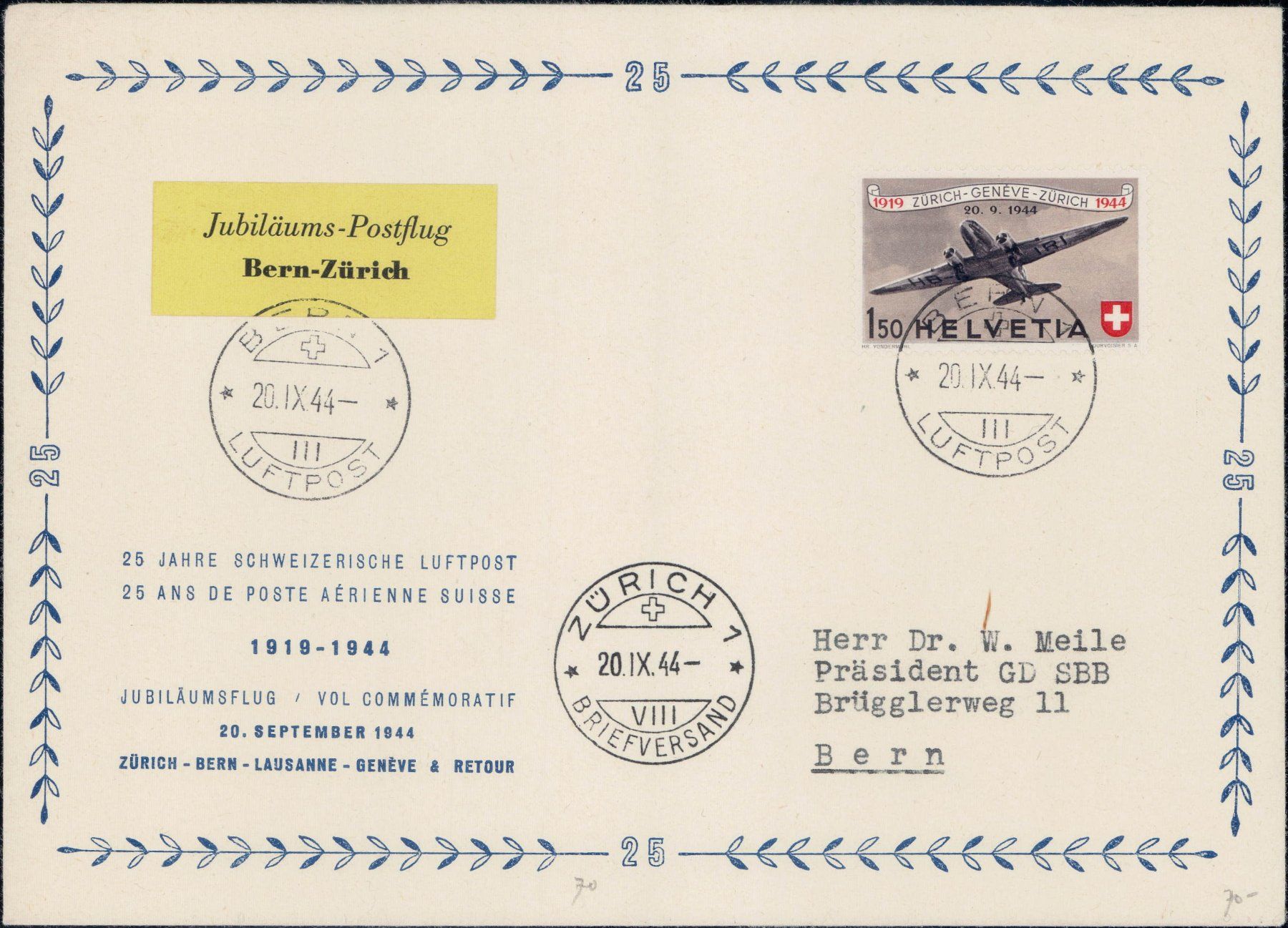 Tutti i francobolli: Flugpost 1944, total 12 Etappen, 480.- – Usato da Horw venduto da pilatusmail 1