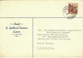 Brief, Hotel St.Gotthard Terminus Luzern - Zentralst. Kriegs