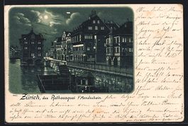 Litho Zürich, Rathausquai mit Flusspart