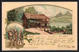 Rütli, Statue, Holzhaus vor Gebirge und