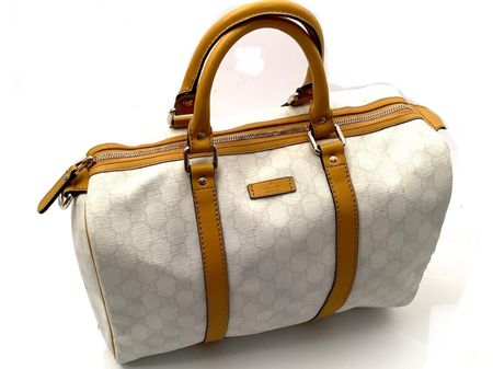 Gucci Speedy 30 Logo Weiss. Lederbesätze Goldgelb