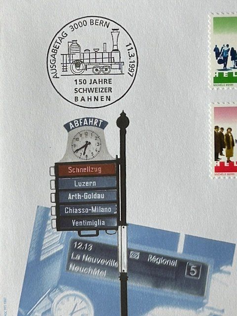 Tutti i francobolli: 150 Jahr Schweizer-Bahn 1997 Lok-2000 +Roter Pfeil +Pullmann – Usato da Ruswil venduto da Tango23 2