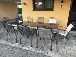 Granittisch 270x100x70cm mit 10 Stühlen & Kissen
