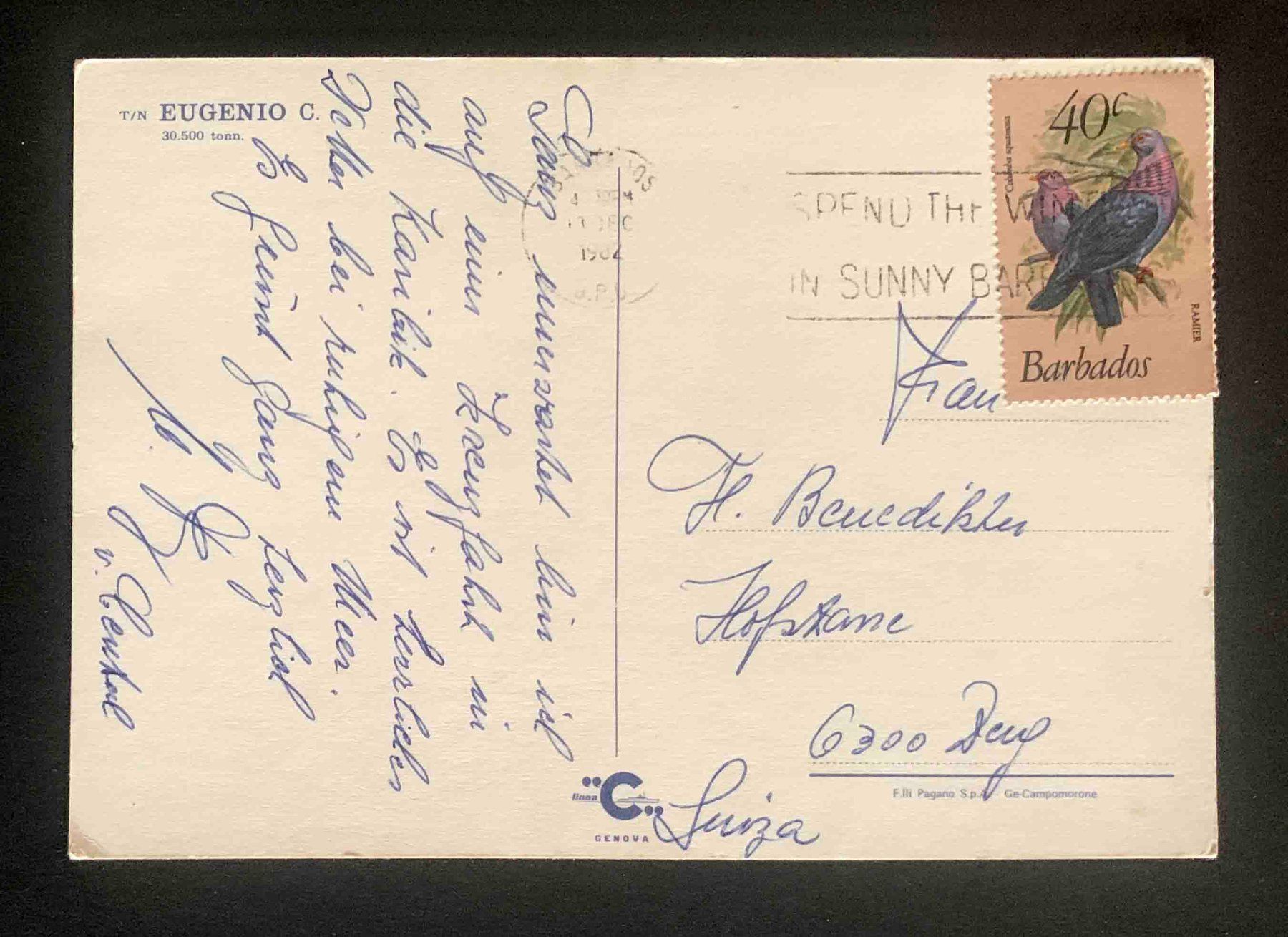Cartoline postali: AK Postkarte Eugenio C. mit Schiff Marke Barbados – Usato da Goldau venduto da Balkonia09 1