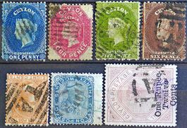 CEYLON 1863–1885: 7 Used Stamps, O