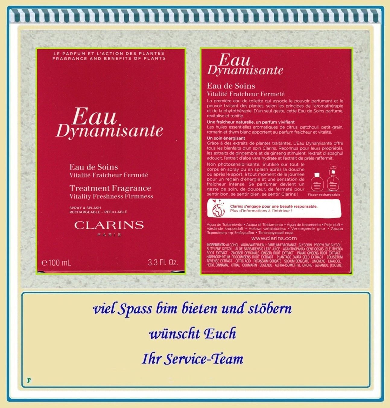 Clarins Profumi & Eau de Toilette: CLARINS PARIS • Eau Dynamisante 100 ml – Nuovo e nell'imballaggio originale da Münchwilen TG venduto da FLOHMIFLITZER 2