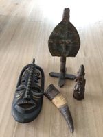 Afrikanisches-Set, 4-teilig, Holzmaske, Skulpturen Horn