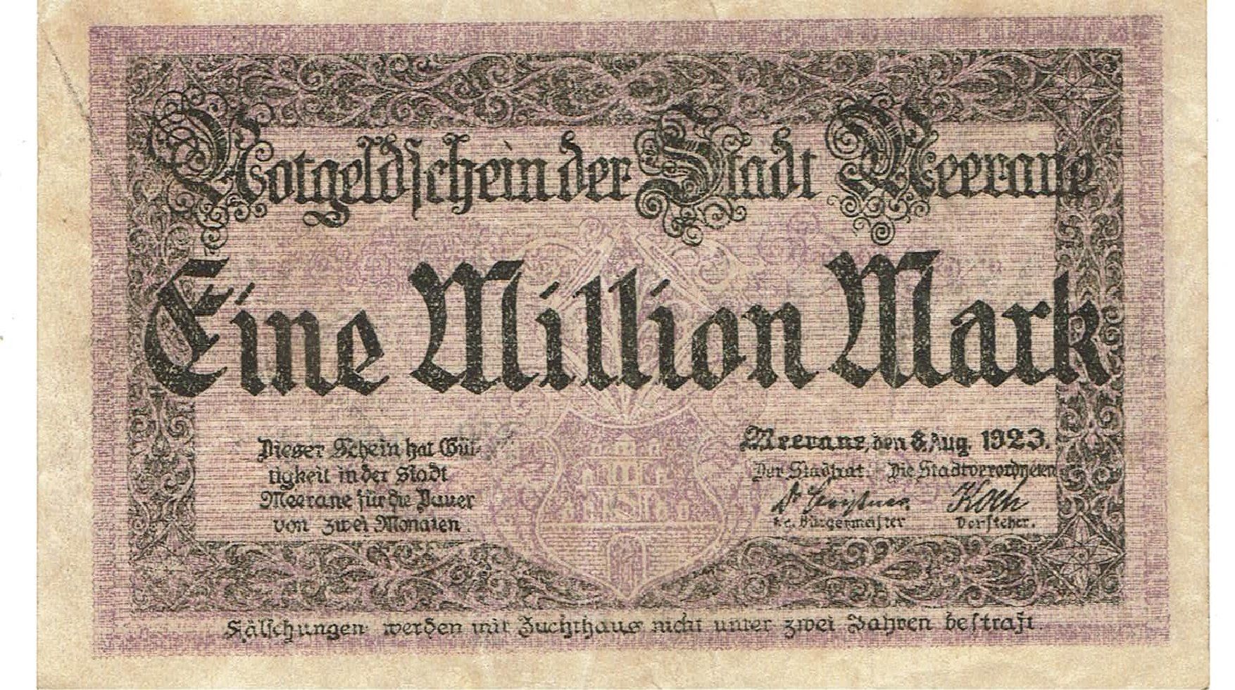 Banconote: Meerane 1 Mil.Mark 08.08.1923 SS++-VZ – Usato da Steffisburg venduto da ber_8htf