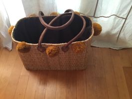 Korb Tasche mit Pompons Henkeltasche Stoff innen aus Marokko