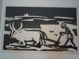Holzschnitt Bauer & Ochse beim Pflügen - H. Weidmann (S227)
